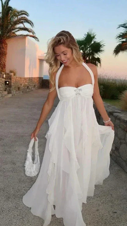 Elegant White Chiffon Party Dress Ruffle Women Prom Dress