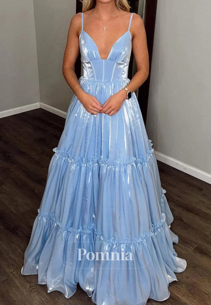 Cute A-Line V-Neck Light Blue Glitter Organza Satin Prom Dress