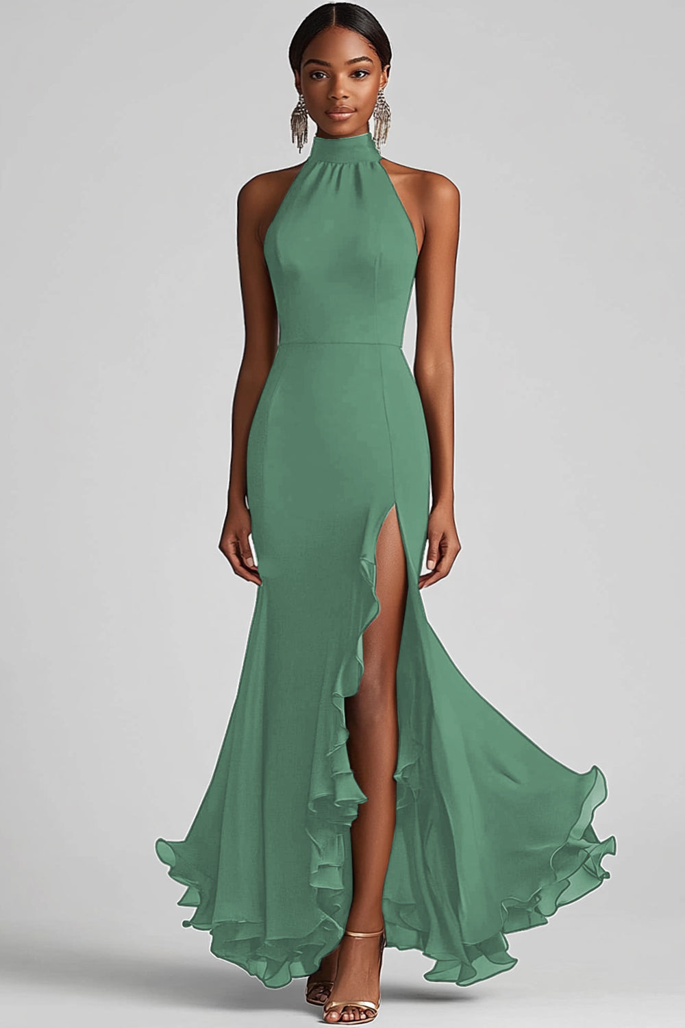 Halter Neck Black Ruffled Mermaid Long Formal Dress with Slit