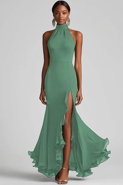 Halter Neck Black Ruffled Mermaid Long Formal Dress with Slit