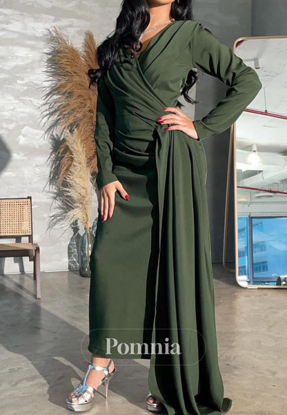 Eucalyptus Long Sleves V-Neck Ruched Evening Dress