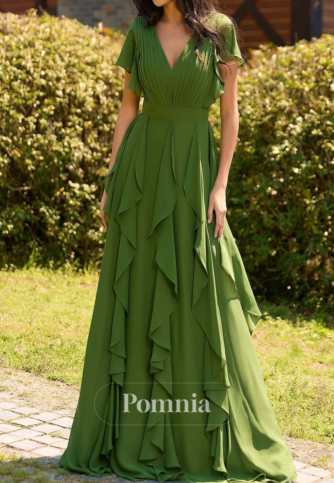 Eucalyptus Short Sleeves V-Neck Ruffles A-Line Mother of the Bride Dress