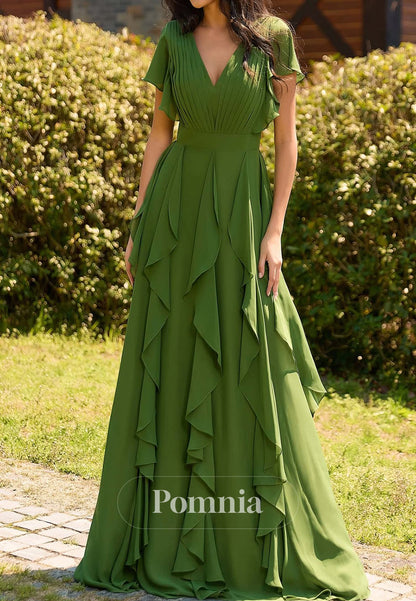 Eucalyptus Short Sleeves V-Neck Ruffles A-Line Mother of the Bride Dress