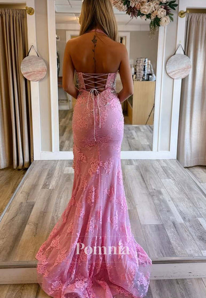 Exquisite Halter V-Neck Lace Appliques Mermaid Prom Dress with Beads