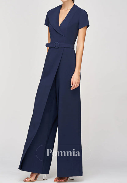 Simple Short Sleeves V-Neck Walk Thru Jumpsuit