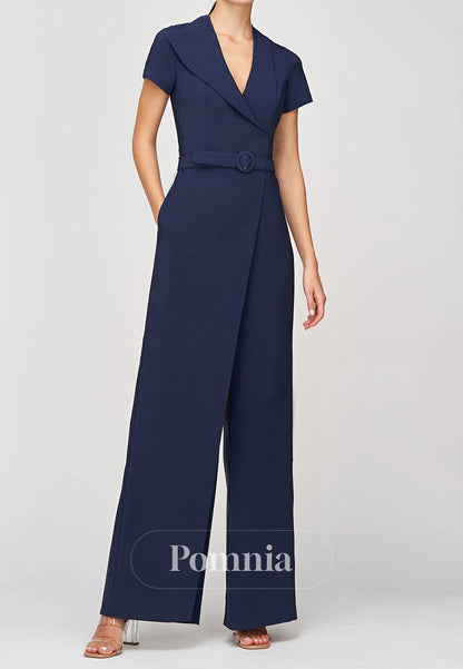 Simple Short Sleeves V-Neck Walk Thru Jumpsuit