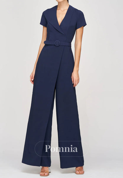 Simple Short Sleeves V-Neck Walk Thru Jumpsuit
