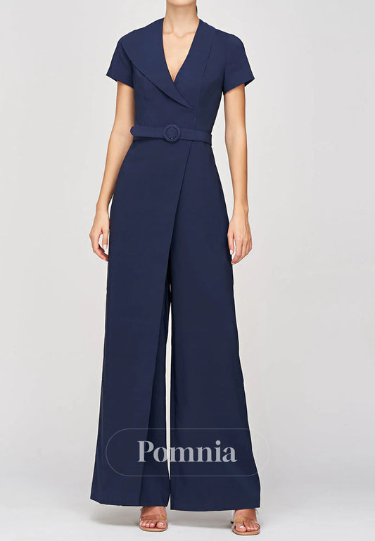 Simple Short Sleeves V-Neck Walk Thru Jumpsuit
