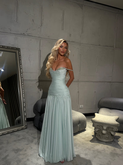 A-Line Sleeveless Strapless Flowing Mint Gown