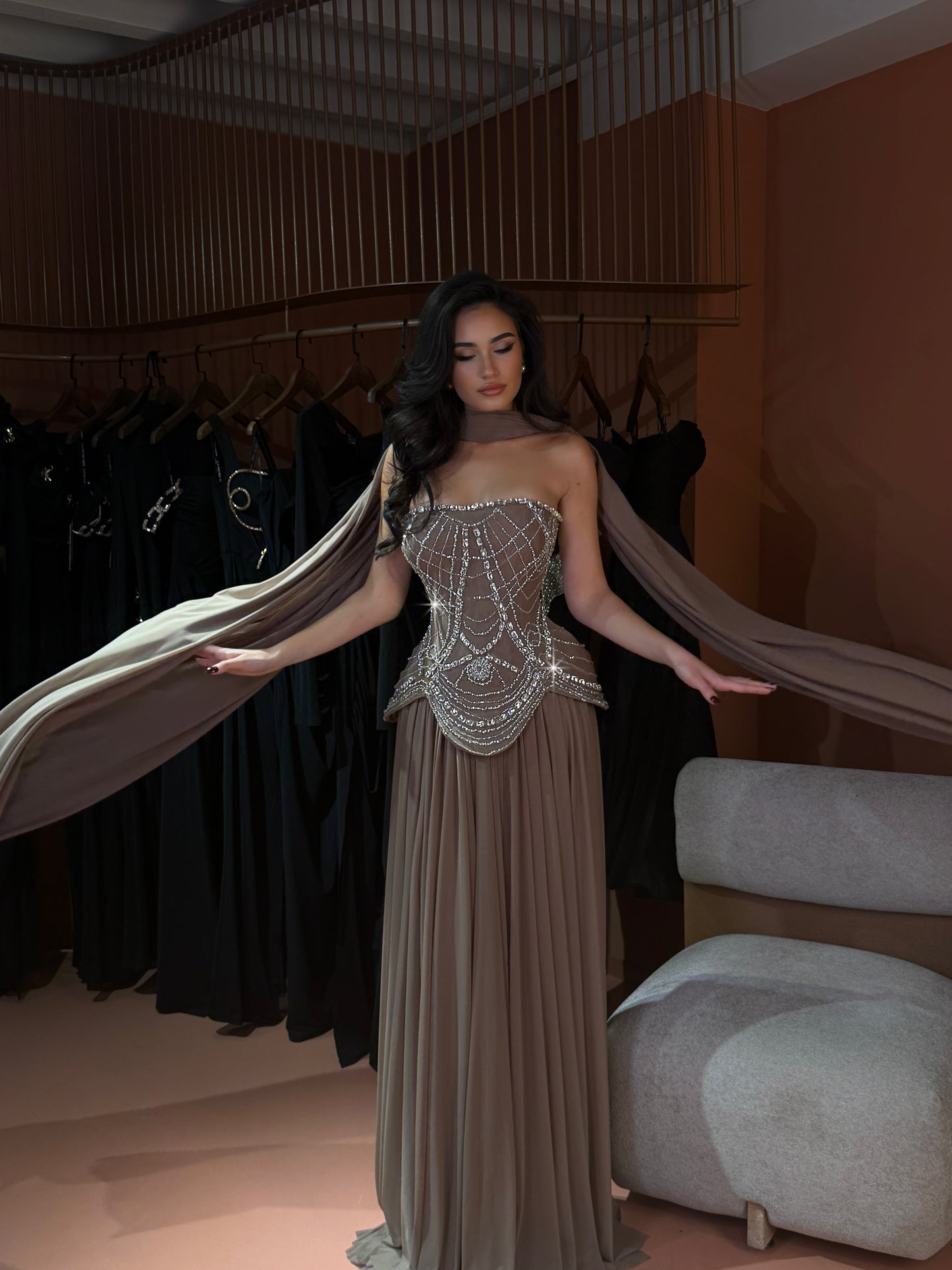 Crystal Corset Gown with Taupe Pleated Skirt