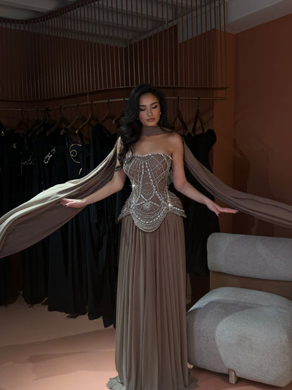 Crystal Corset Gown with Taupe Pleated Skirt