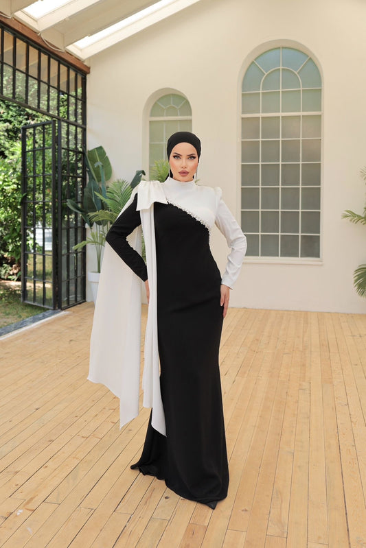 Black-White High Neck Long Sleeves Beaded Bowknot Sheath Evening Formal Dress