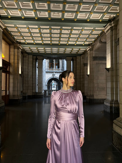 Violet Beaded Neckline Long Sleeves Ruched A-Line Evening Gown