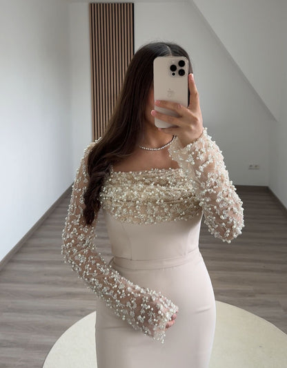 Long Sleeves Sequins A-Line Satin Evening Dress