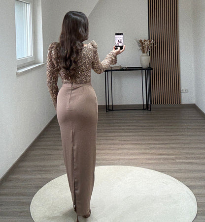 Long Sleeves Sequins Ruched Evening Dress