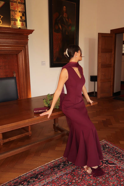 A-Line Suit Plum Satin Evening Dress