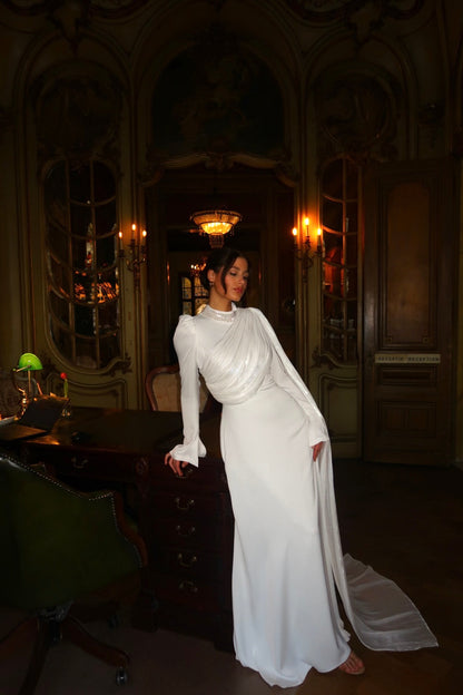 White High Neck Beaded Long Sleeves Ruched Side Train Evening Dress
