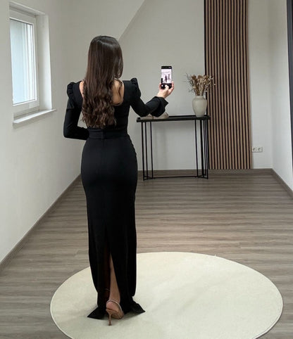 Black Long Sleeves Square Evening Dress
