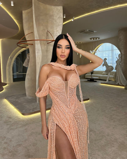 Light Coral Off Shoulder Side Slit Ruched Sweep Train Formal Prom Dress