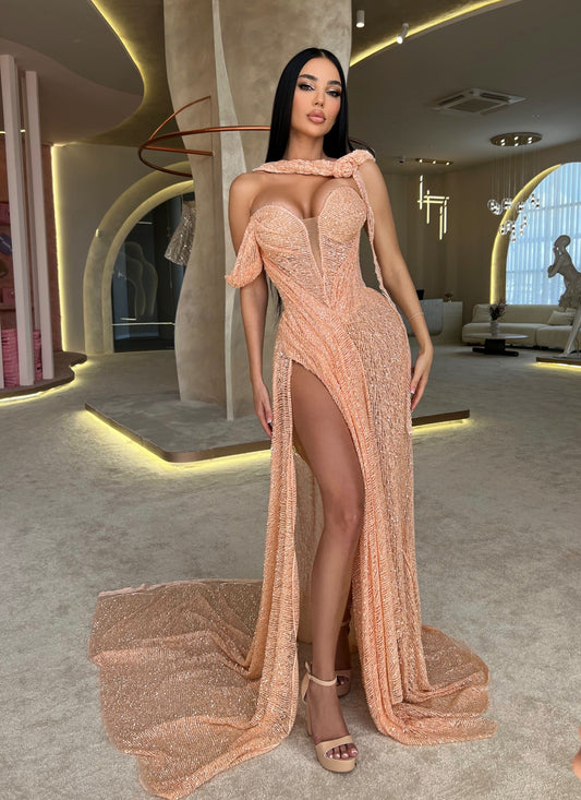 Light Coral Off Shoulder Side Slit Ruched Sweep Train Formal Prom Dress