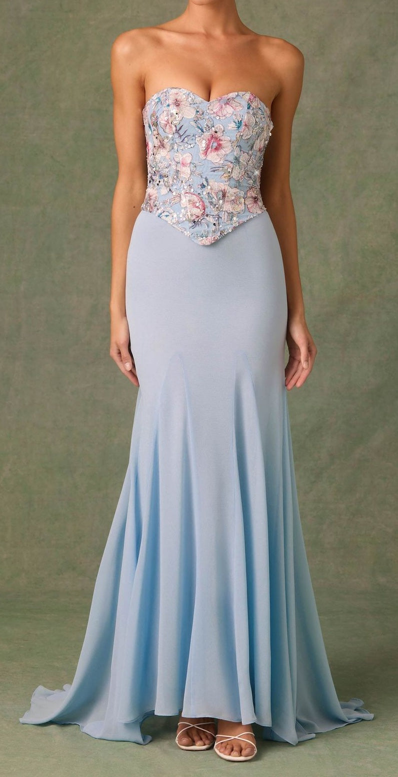 Fairy Blue Embroidery Floral Prom Dresses Slim Chiffon Evening Party Dress
