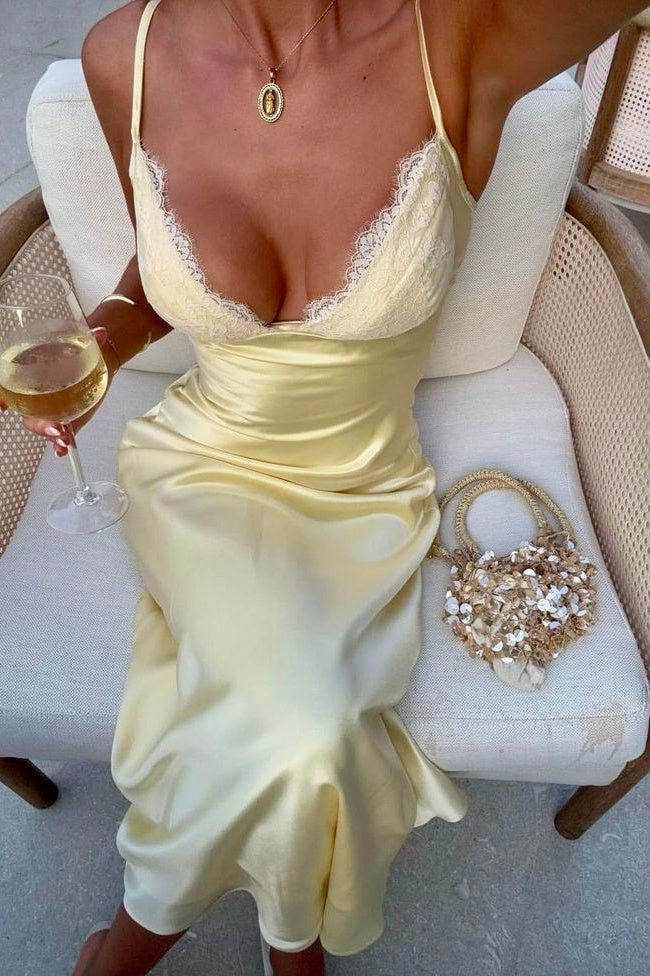 Fashionable Sheath Spaghetti Straps Yellow Long Party Dress with Lace