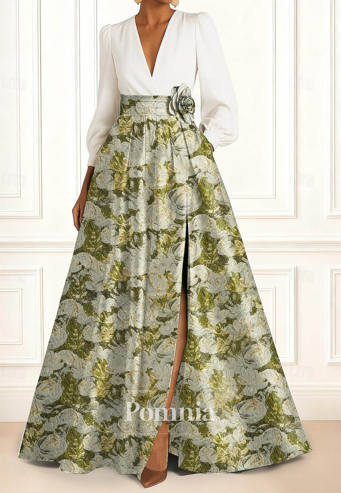 Long Sleeve V Neck Pocket Satin with Ruched Slit