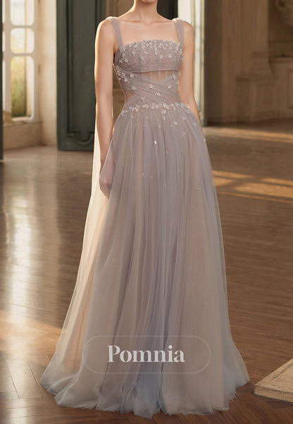 Frost Spaghetti Straps Square Corset Tulle Evening Dress