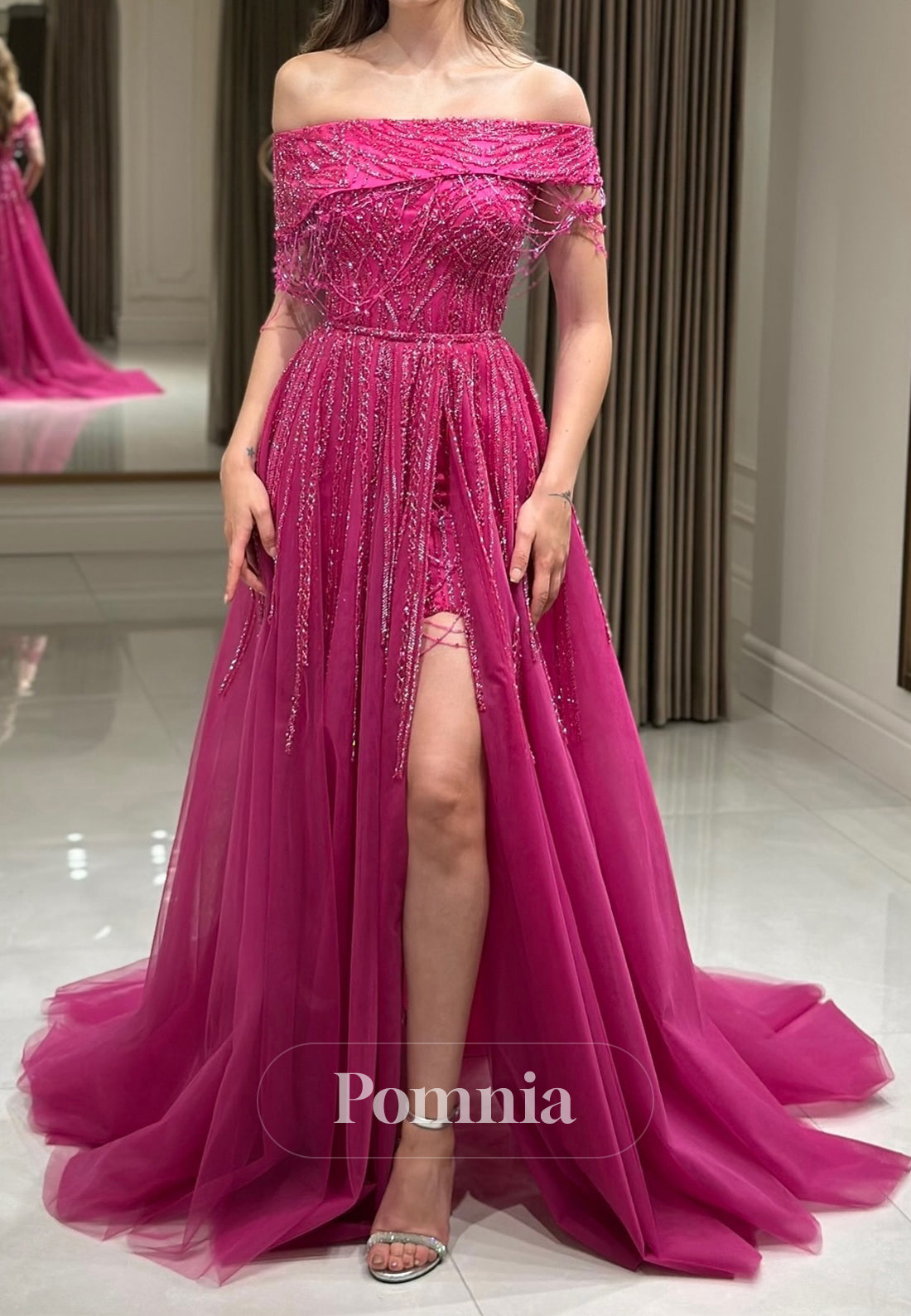 Fuchsia A-Line Off-Shoulder Sleeveless Sequins Detachable Train Prom Dress
