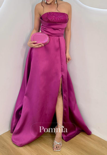 Fuchsia A-Line Sleeveless Strapless Slit Sequins Prom Dress