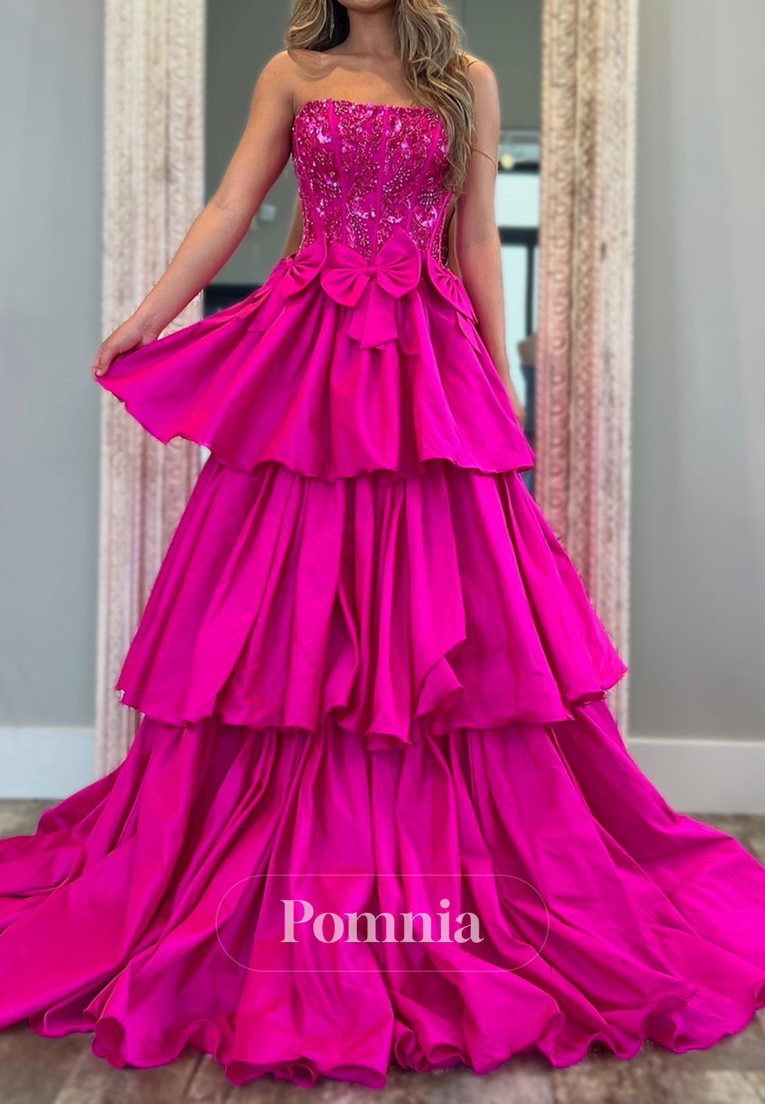 Fuchsia A-Line Strapless Sleeveelss Bowknot Prom Dress