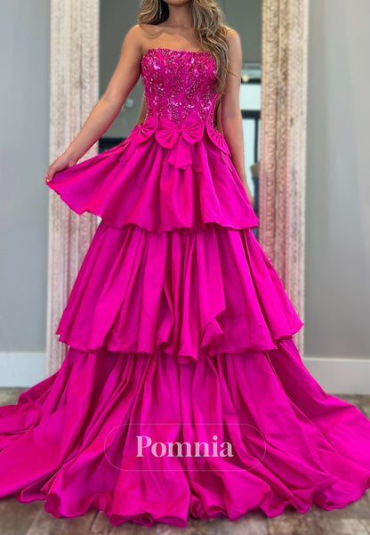 Fuchsia A-Line Strapless Sleeveelss Bowknot Prom Dress