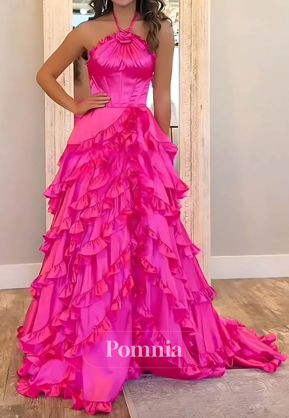 Fuchsia Corset Tiered A Line Halter Long Prom Dress