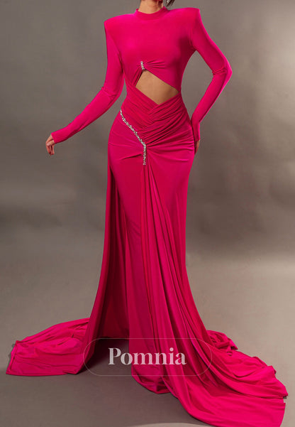 Fuchsia Long Sleeves Scoop Slit Evening Dress