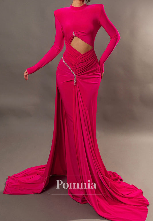 Fuchsia Long Sleeves Scoop Slit Evening Dress