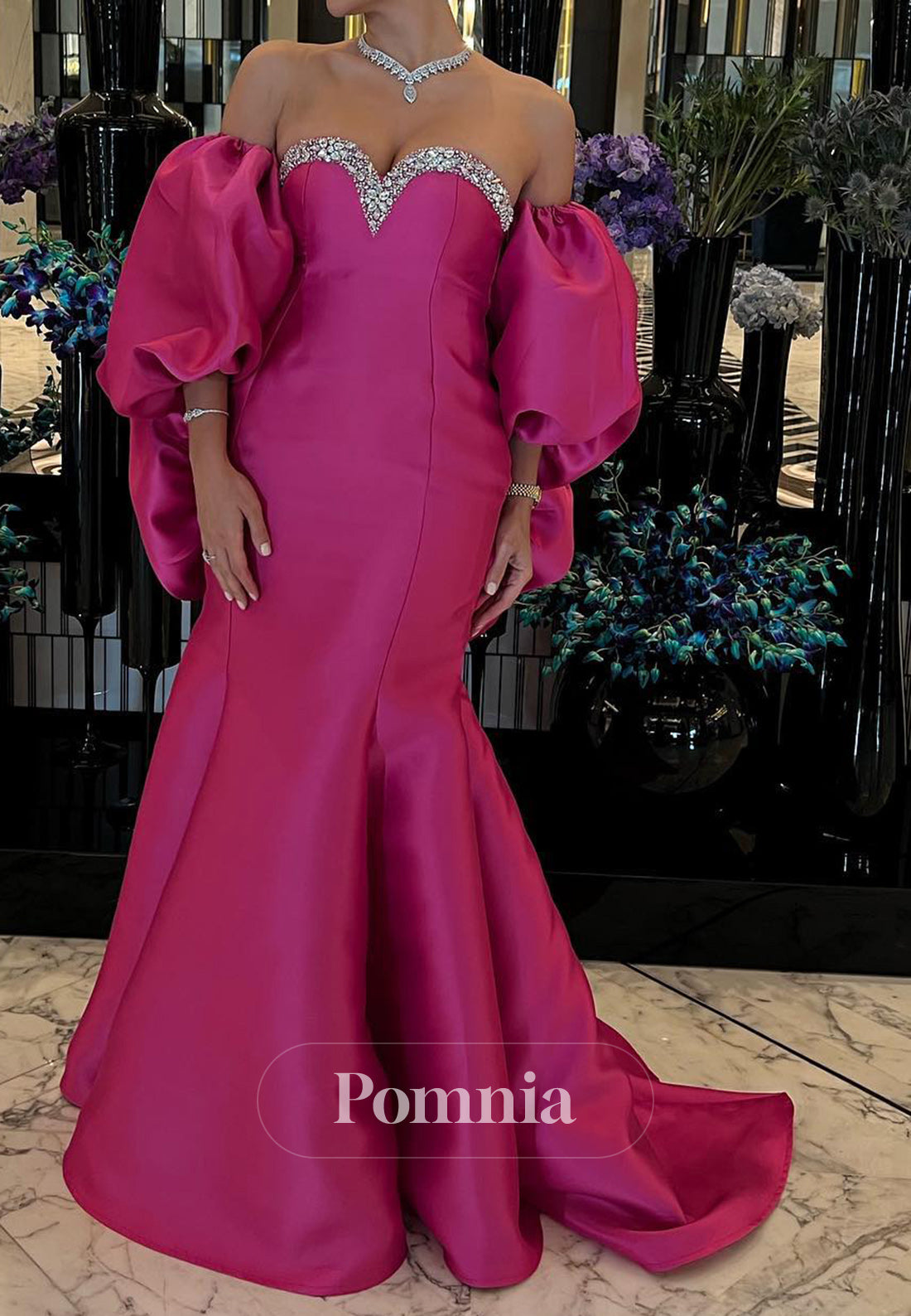 Fuchsia Off-Shoulder Sweetheart Cape Sequins Evening Dress