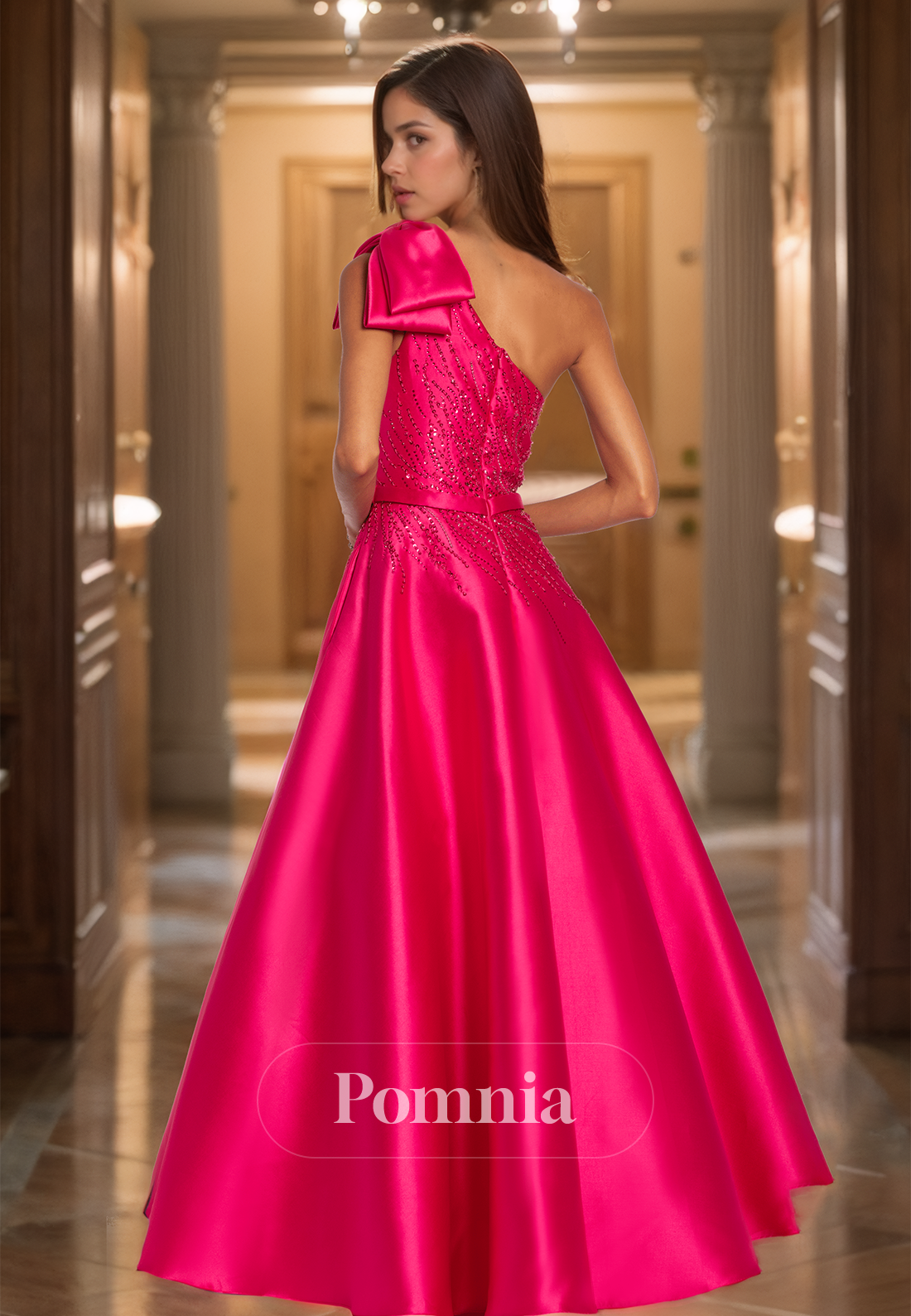 Fuchsia One Shoulder Sleeveless Empire-Waist Prom Party Dress