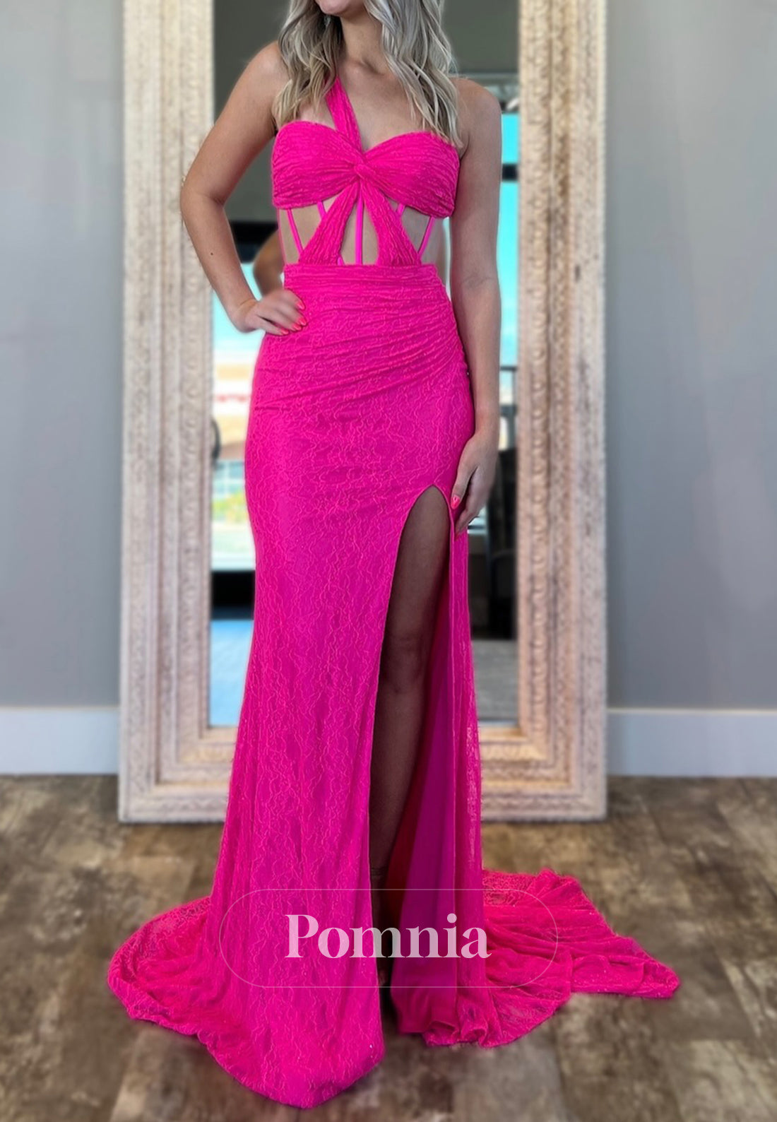Fuchsia One Shoulder Sleeveless Slit Prom Dress