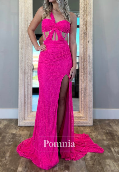 Fuchsia One Shoulder Sleeveless Slit Prom Dress