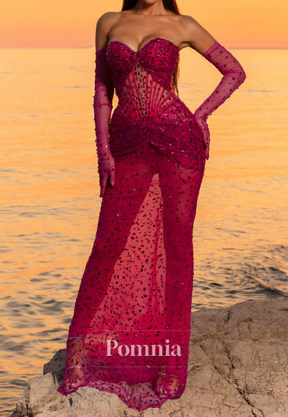 Fuchsia Sleeveless Strapless Beads A-Line Prom Dress