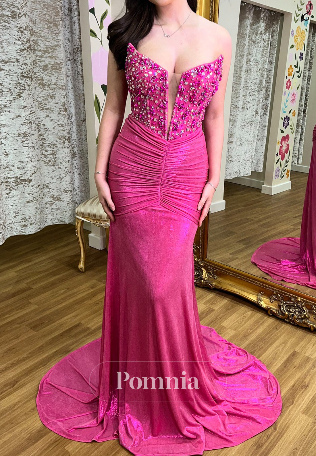 Fuchsia Sleeveless V-Neck Beads Ruched Prom Dress