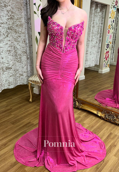 Fuchsia Sleeveless V-Neck Beads Ruched Prom Dress