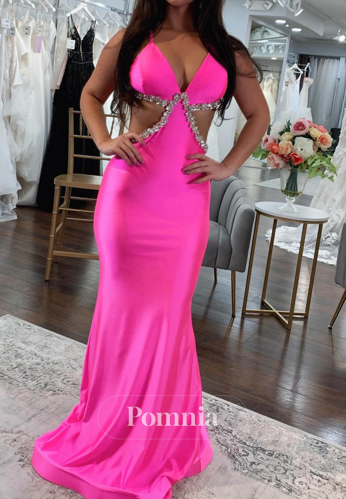 Fuchsia Spaghetti Straps Corset Beads Prom Dress