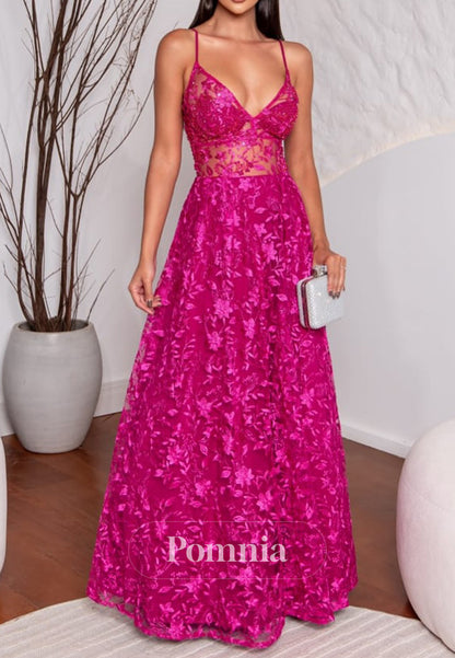 Fuchsia Spaghetti Straps Corset Tulle Appliques Prom Dress