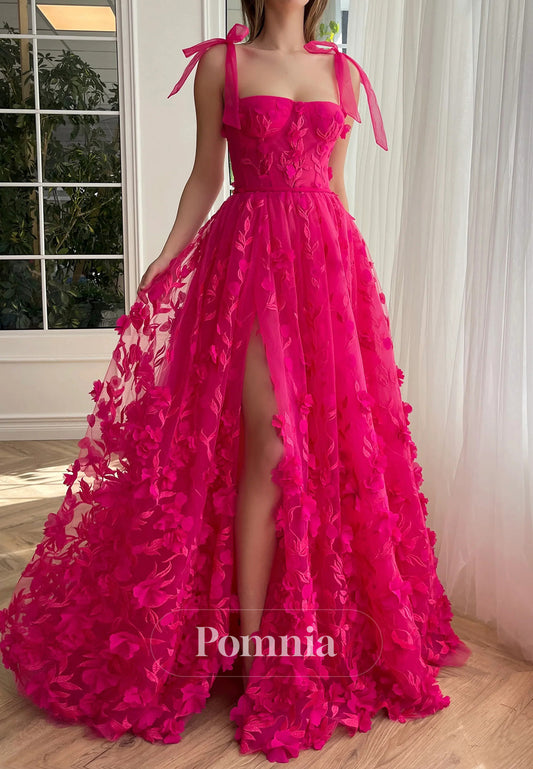 Fuchsia Spaghetti Straps Square Slit Appliques Prom Dress