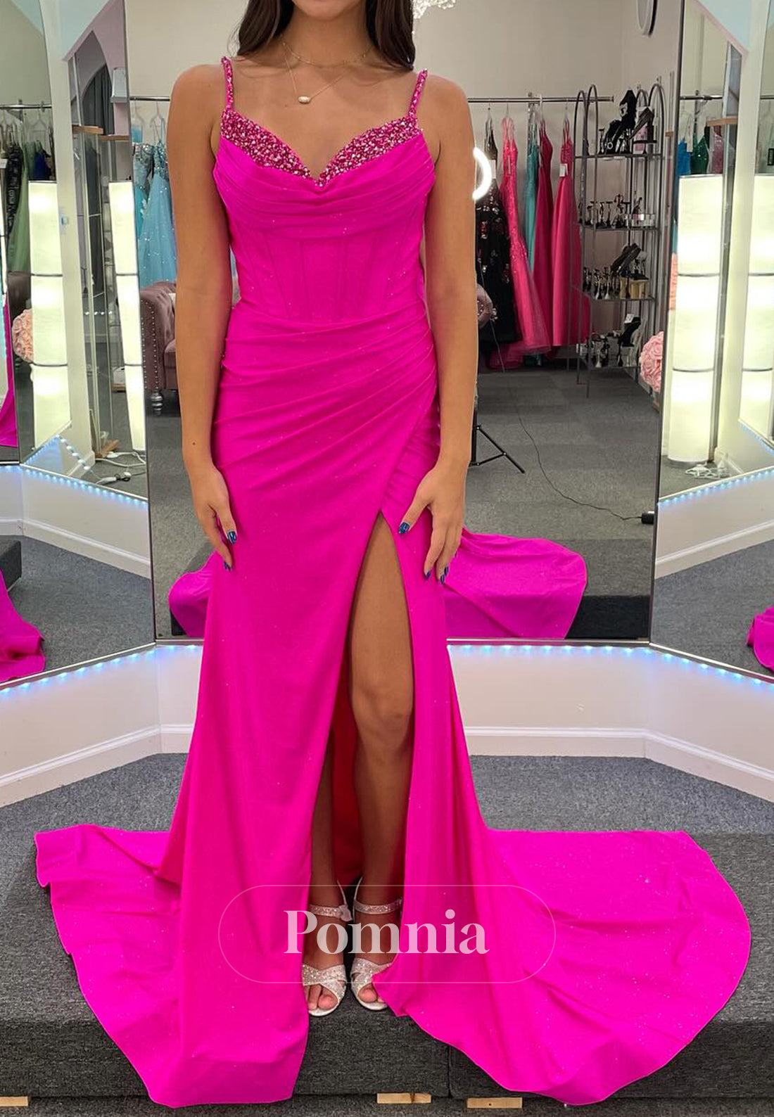 Fuchsia Spaghetti Straps Sweetheart Sequins Slit Prom Dress