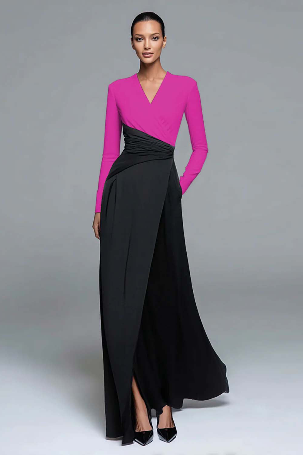 Black and White Patchwork Long Formal Dress with Pockets