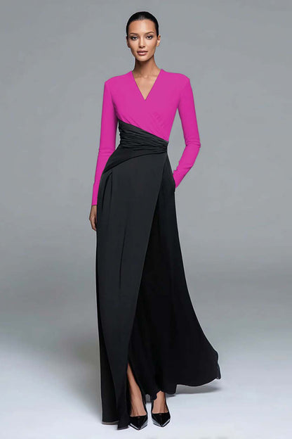 Black and White Patchwork Long Formal Dress with Pockets