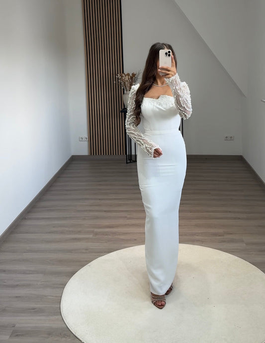 Long Sleeves V-Neck Floral Appliques Ruched Evening Dress