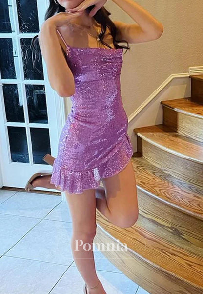 Glitter Lavender Bodycon Spaghetti Straps Ruffled Hem Sequin Short Ho1mecoming Dress